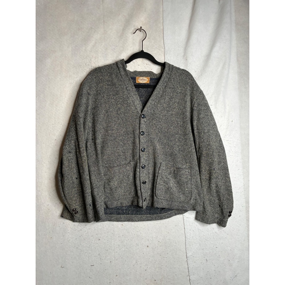 Vintage Catalina Mens Gray Wool Tweed Cardigan Sweater V-Neck Button Front Sz M